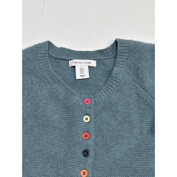 TABITHA WEBB size L fits M Teal Multicolor Buttons Cardigan Sweater Wool Granny - Picture 7 of 11